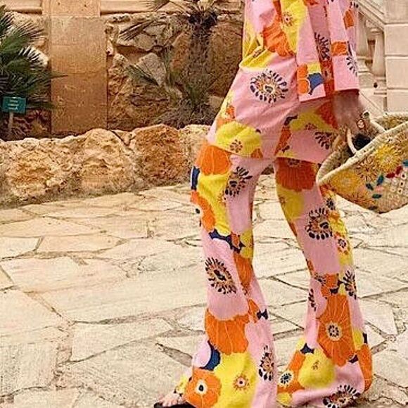 Zara Pants Multicolor Floral Print Wide Leg High Waist Trousers Size S - Picture 1 of 14